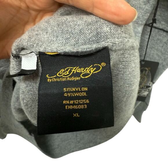 NWT Ed Hardy Mens Patch Knitted Striped Zip Up Hoodie‎ Sweater Gray Size XL - Picture 8 of 10